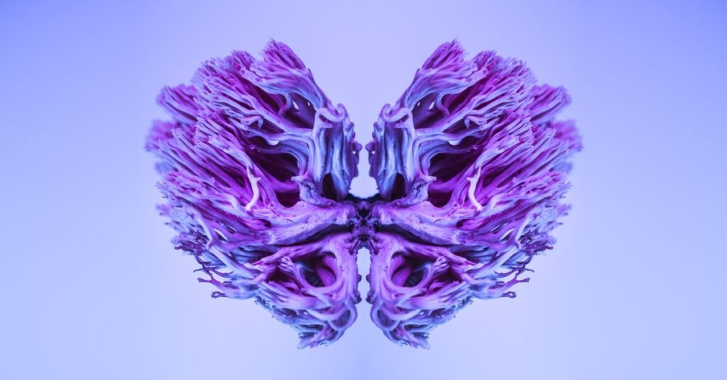 Una imagen abstracta surrealista que muestra un vibrante diseño de hongos morados, que se asemeja a pulmones, en colores vivos.