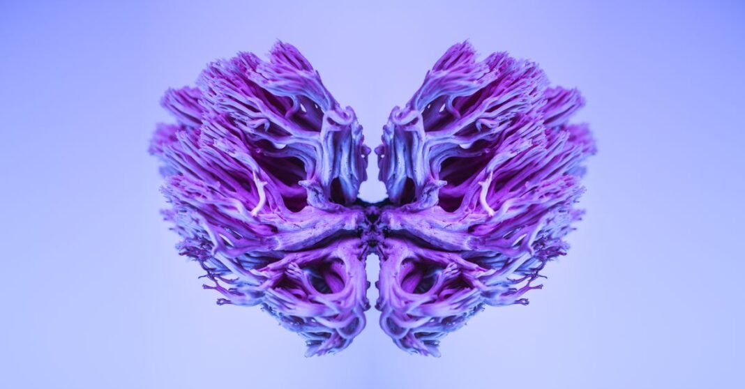 Identifican una nueva forma genética de alzhéimer asociada a dos copias del gen APOE4 Una imagen abstracta surrealista que muestra un vibrante diseño de hongos morados, que se asemeja a pulmones, en colores vivos.