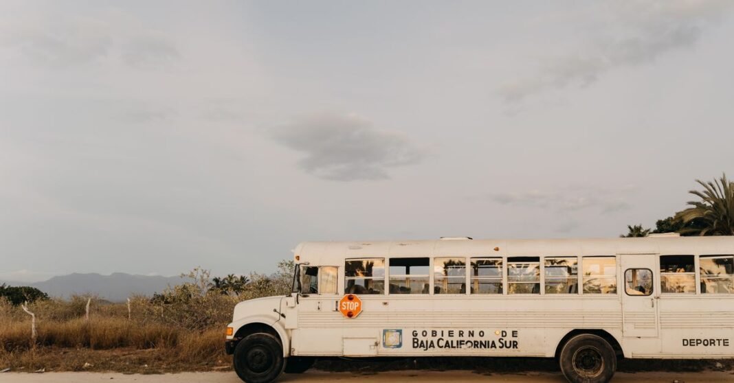 Un autobús escolar blanco estacionado en el paisaje desértico de Baja California Sur, México, bajo un cielo claro.