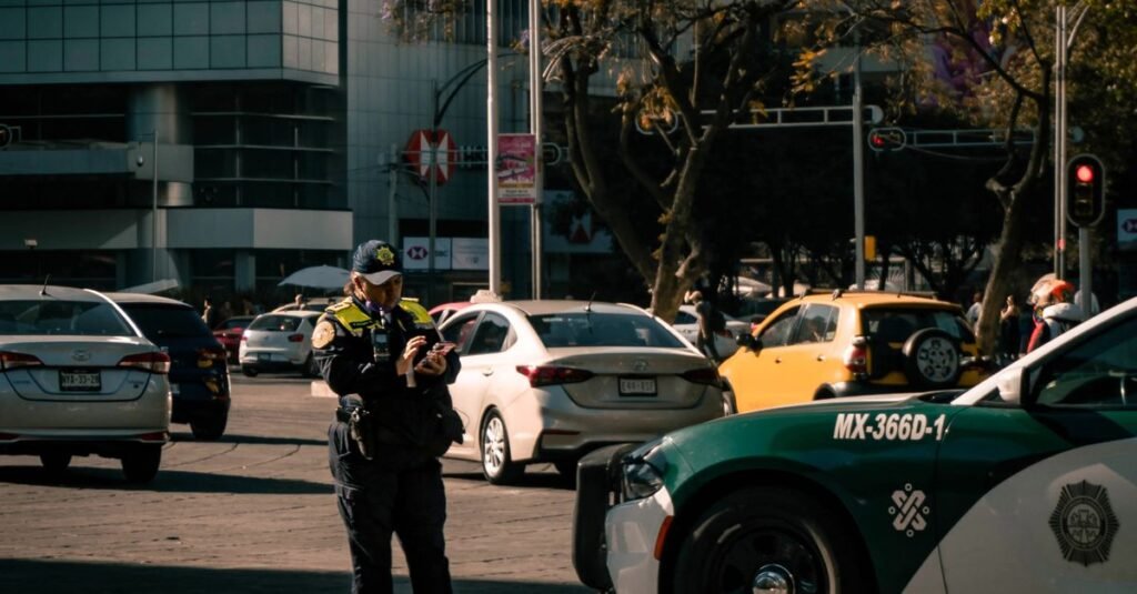 Coches y peatones en una calle urbana concurrida en Ciudad de México, bordeada de árboles y edificios.