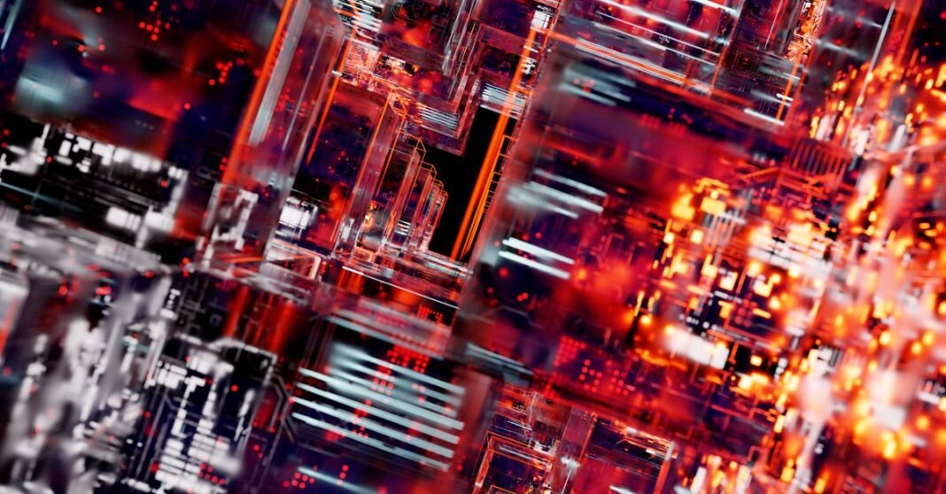 La ONU aprueba su primera resolución sobre inteligencia artificial para impulsar un uso seguro y confiable Visualización abstracta intrincada de bloques de circuitos digitales con luces LED vibrantes, que muestran tecnología e innovación.