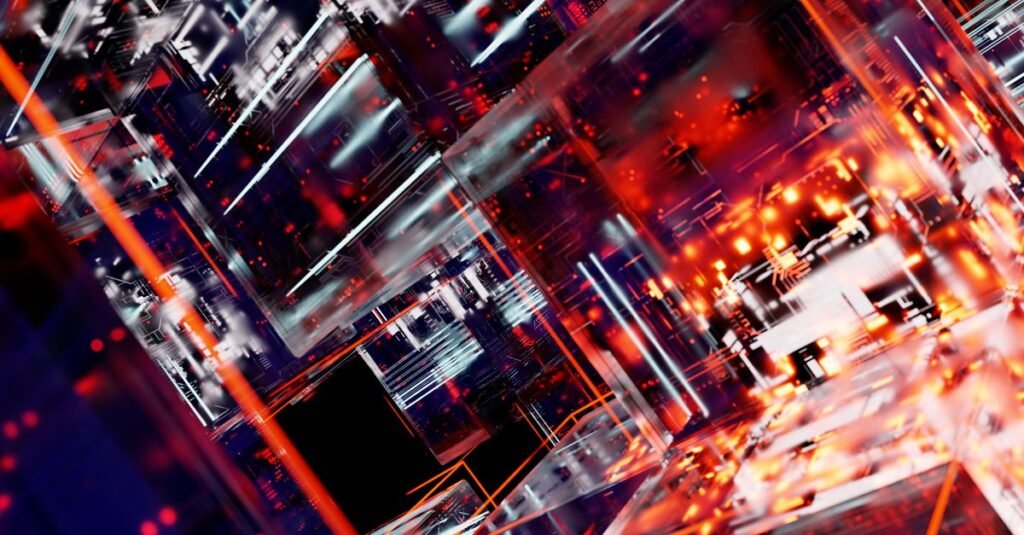 Explora el mundo vibrante y dinámico de una matriz digital futurista con elementos brillantes.