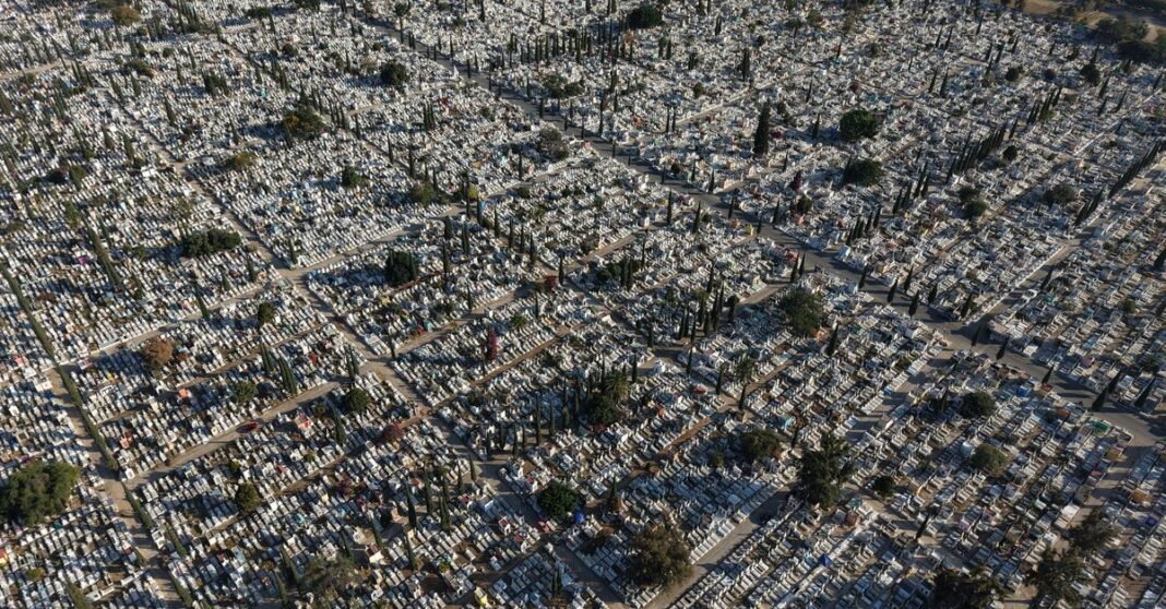 A 40 años del sismo de 1985, Ciudad de México consolidó una cultura de prevención que cambió la respuesta ante los terremotos Amplia vista aérea de un paisaje de cementerio en Guadalajara, que muestra intrincados patrones de tumbas y exuberante vegetación.