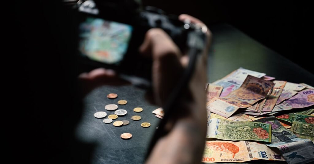 Primer plano de billetes y monedas de pesos argentinos fotografiados en interiores.