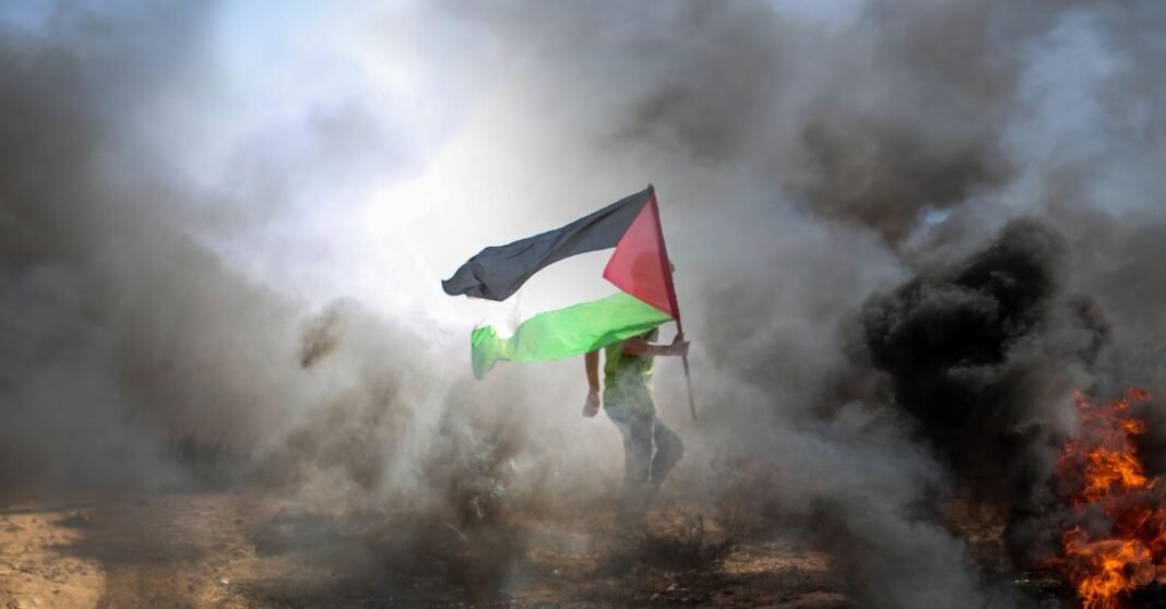 Un manifestante llevando una bandera palestina entre el humo y las llamas en Gaza.