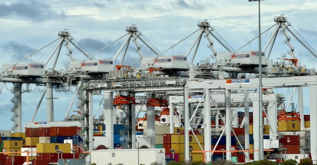 Puerto de Manzanillo apunta a cerrar 2024 con volumen récord de carga Una bulliciosa terminal de contenedores automatizada en el puerto de Melbourne, donde se pueden observar grúas y contenedores de transporte.