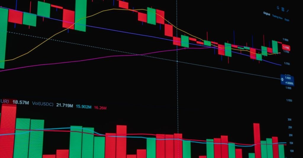 Gráfico de velas japonesas que muestra las tendencias del mercado de criptomonedas con barras de volumen y medias móviles.