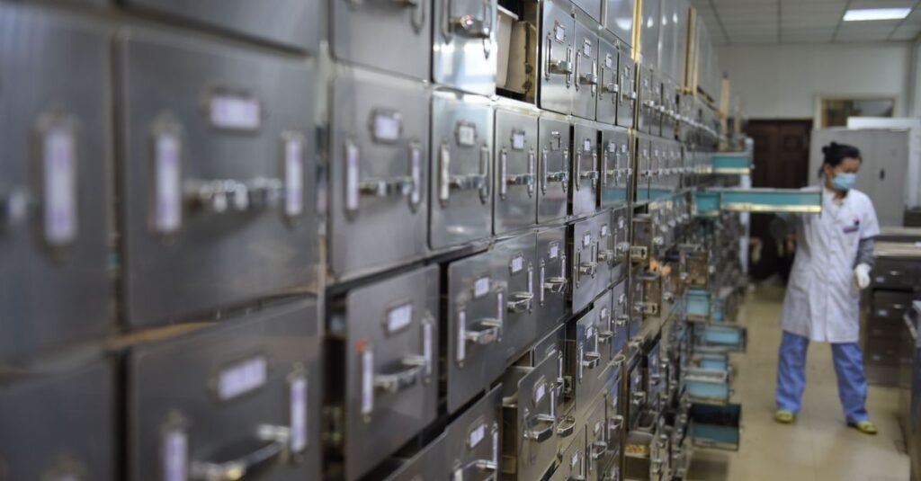 Un técnico de laboratorio organiza cajones de almacenamiento metálico en una instalación de investigación, manteniendo el orden y la eficiencia.