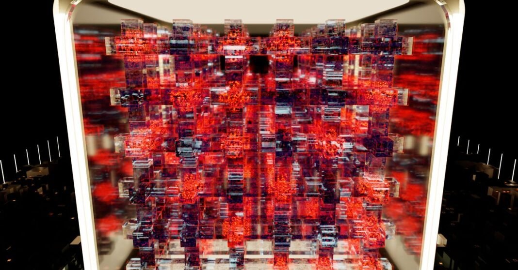 Visualización abstracta intrincada de bloques de circuitos digitales con luces LED vibrantes, que muestran tecnología e innovación.