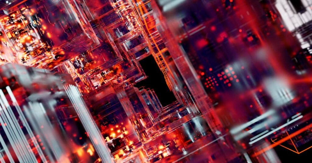 Visualización abstracta intrincada de bloques de circuitos digitales con luces LED vibrantes, que muestran tecnología e innovación.