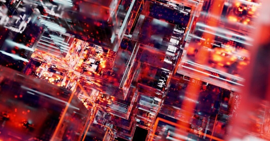Imagen ilustrativa: Jensen Huang acuerda visitar México para explorar expansión de capacidades de inteligencia artificial Representación abstracta dinámica de circuitos digitales con luces vívidas y líneas brillantes.