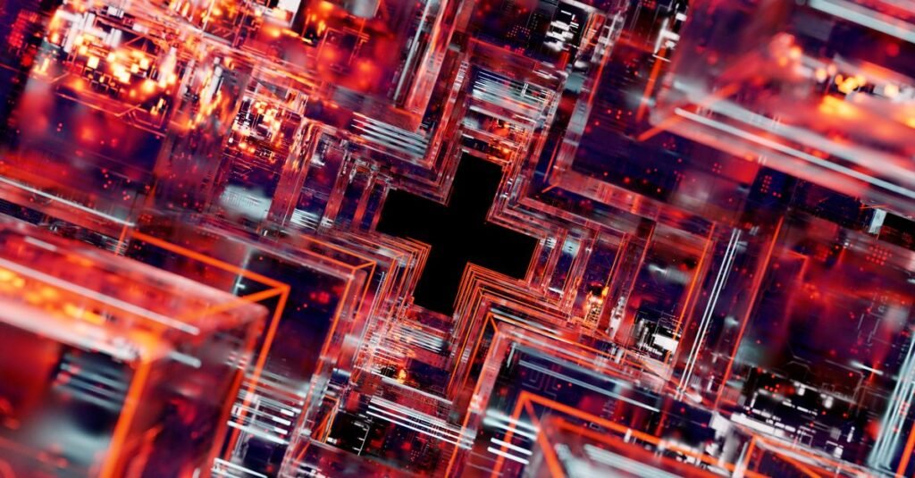 Representación abstracta dinámica de circuitos digitales con luces vívidas y líneas brillantes.